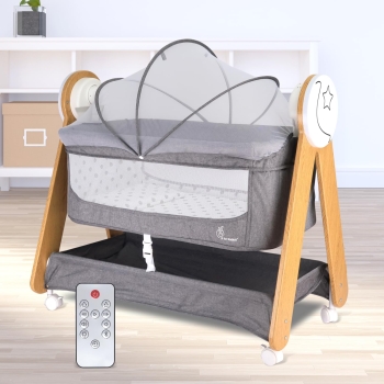 R for Rabbit Lullabies Woodsy Electric Cradle with Automatic Swing for Babies, Soothing Music, Bluetooth & Smart Timer, Lockable Wheels & Mattress for 0-12 Months Infants (Grey)