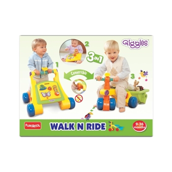 Funskool Giggles - Walk N Ride, 3 in 1 Activity Toy, Walker and Trike, Detachable Pull-Along Trailer, Toy for 1 Year Old, Sturdy and Safe, 9 Months to 3...