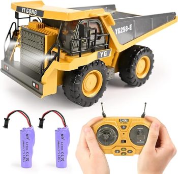 Remote Control Dump Truck Toys 9 Channel 2 Batteries RC Construction Toy Vehicles with Metal Bed Lights/Sounds, Birthday Gifts for Boys Age 3+
