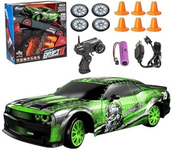ROYAL DEALS 1:24 Scale High Speed 4WD RC Drift Car – 15Km/Hr, LED Lights, Extra Tires, Cones & USB Charger | Rare Model, Full Drift Kit for Kids & Adults(Musstang Green)